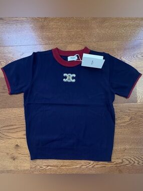 Celine Navy Short Sleeve Tee with Red Trim and Logo